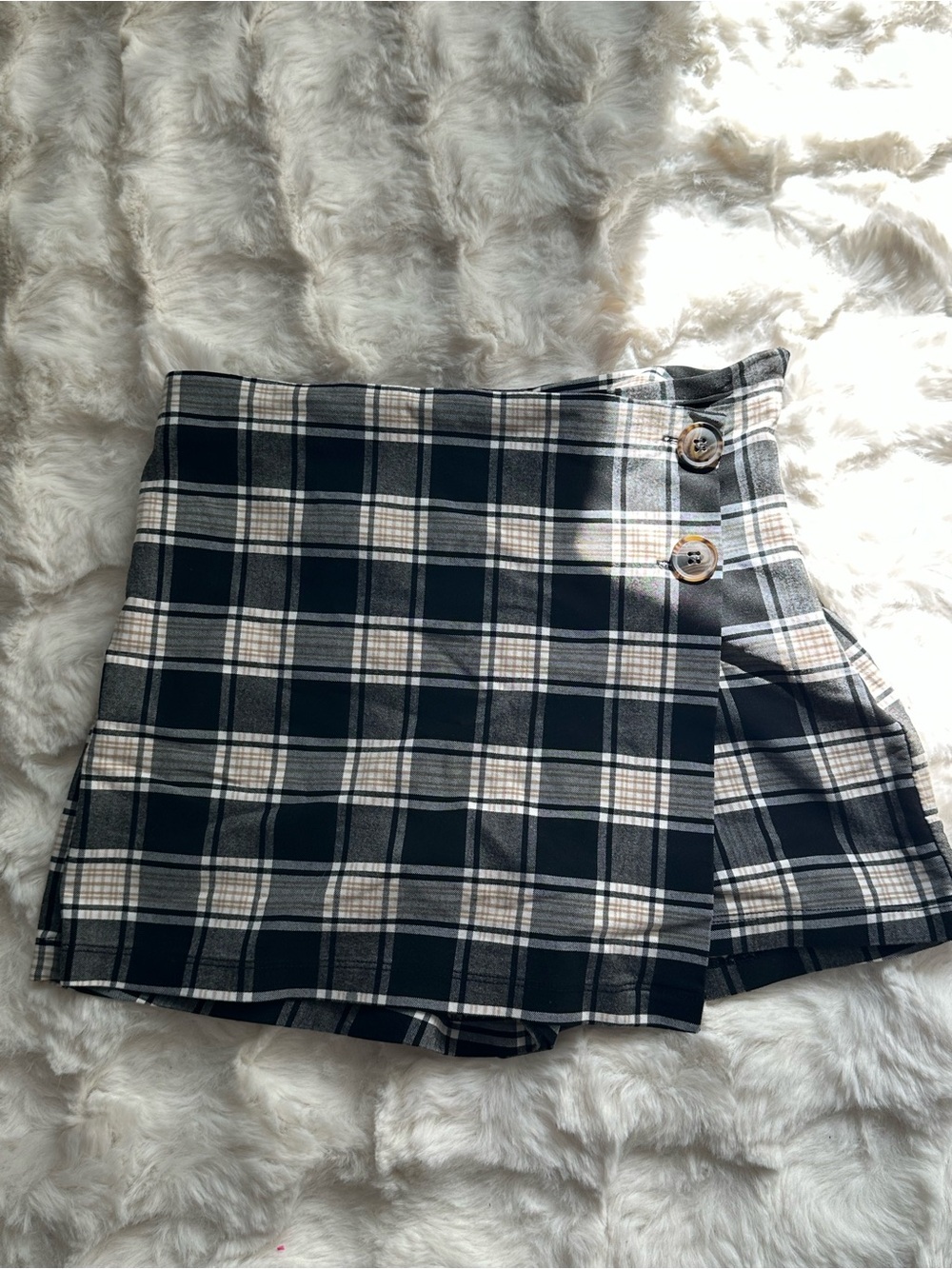 Love Tree Dolls Plaid Mini Skort with Button Detail - Black & White- Women’s